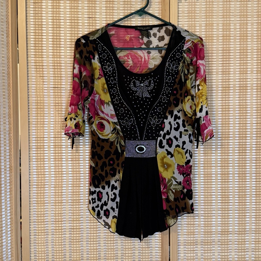 Design Works‎ Womens PM Short Sleeve Top Animal Floral Boho Whimsigoth Party
